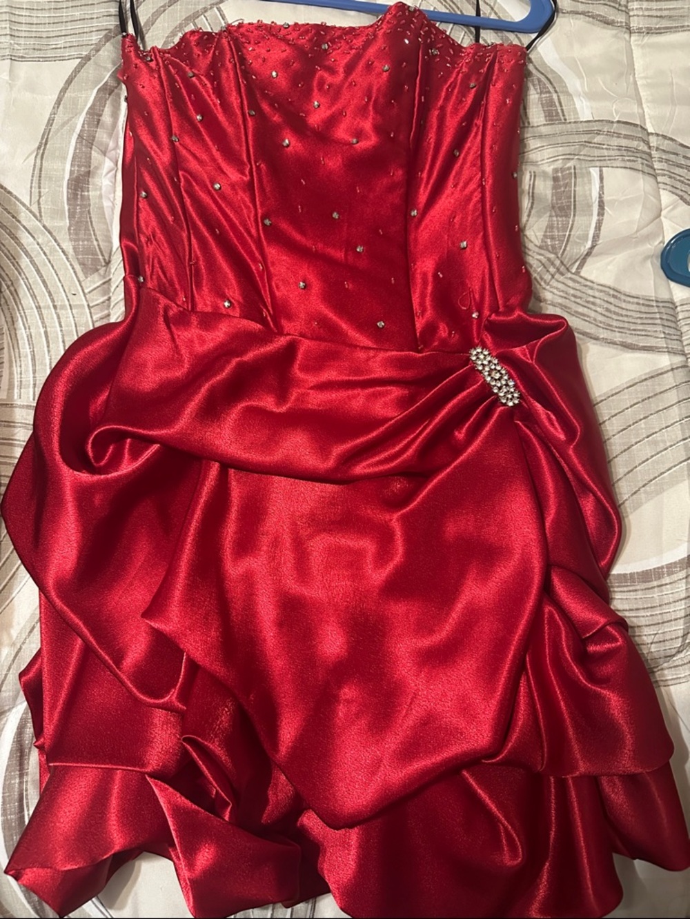 Narianna Red Satin Strapless Dress with Rhinestone Detail